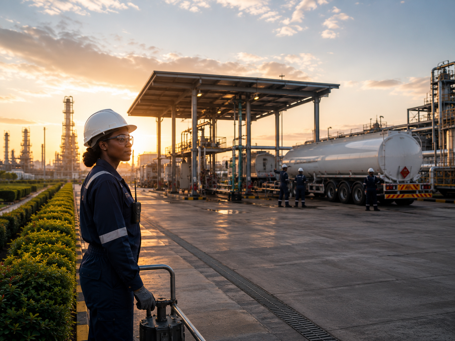 Petroleum professional monitoring safe operations at a tanker loading facility