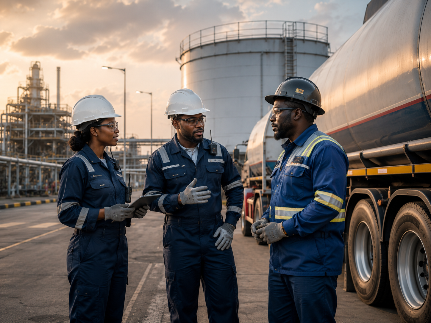 Petroleum operations team reviewing procedures with a tanker driver