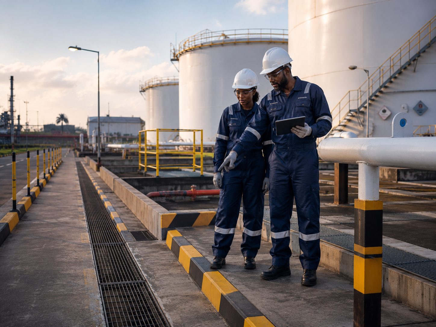 Petroleum professionals inspecting drainage, containment, and environmental protection systems