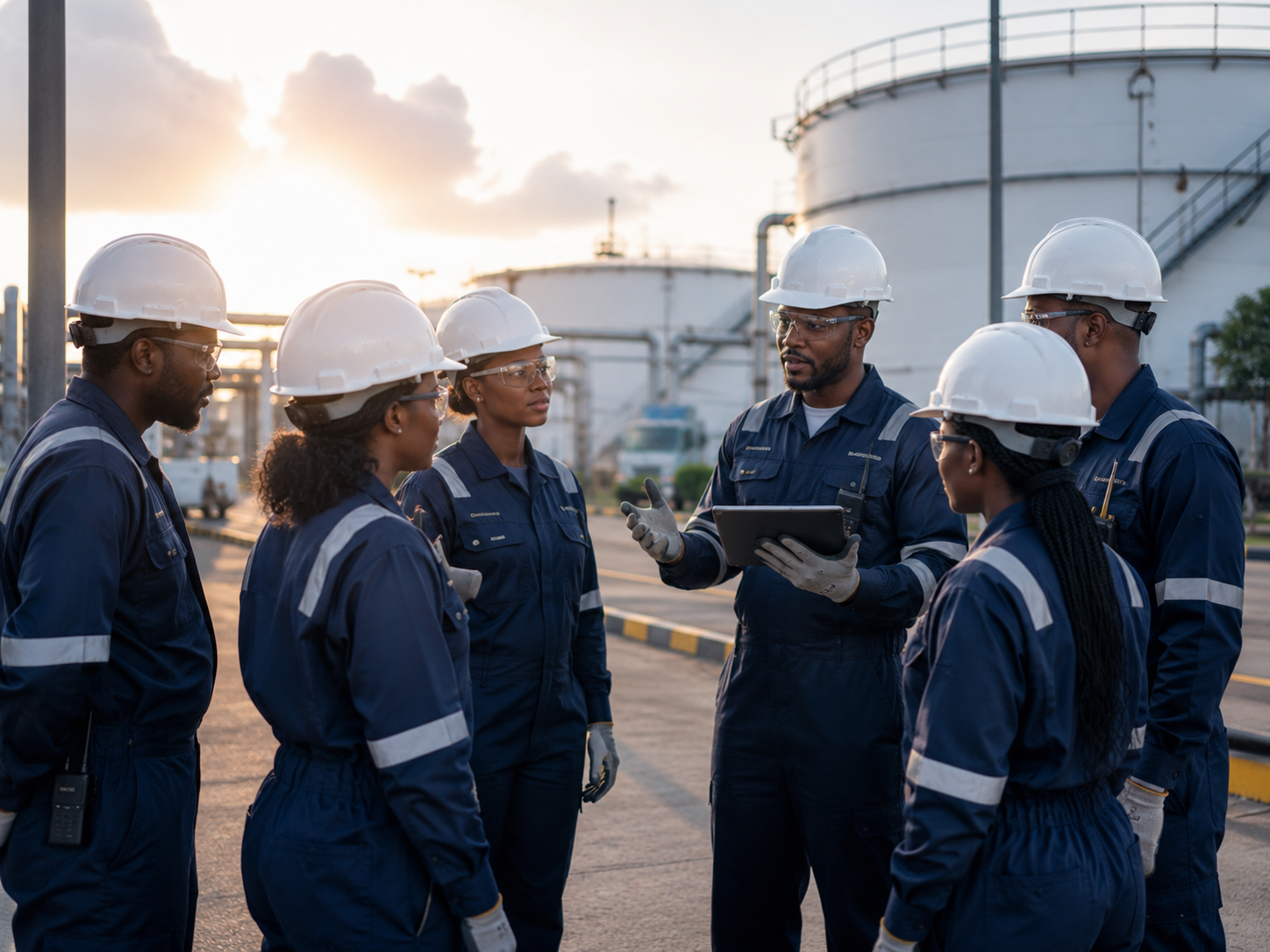 Petroleum workers participating in an operational safety briefing
