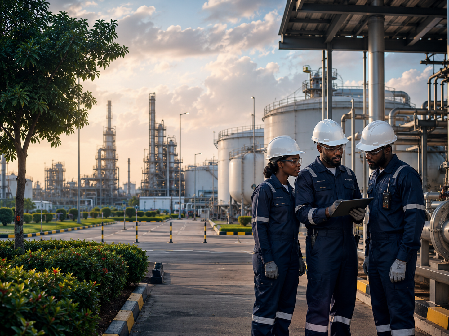 Petroleum professionals inspecting a clean and responsibly maintained fuel facility